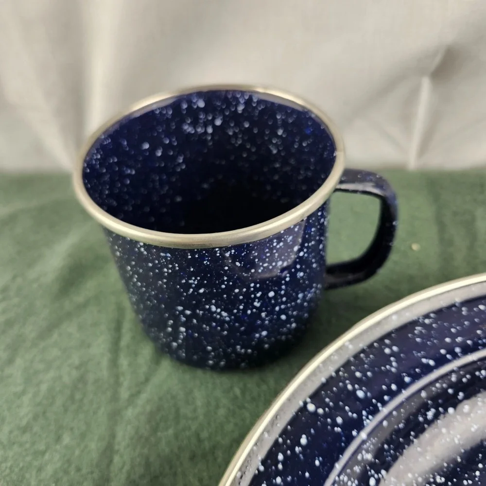 Vtg Dinnerware Set Includes 1 Cup 1 Bowl 1 Plate Enamelware Blue Camping Coleman